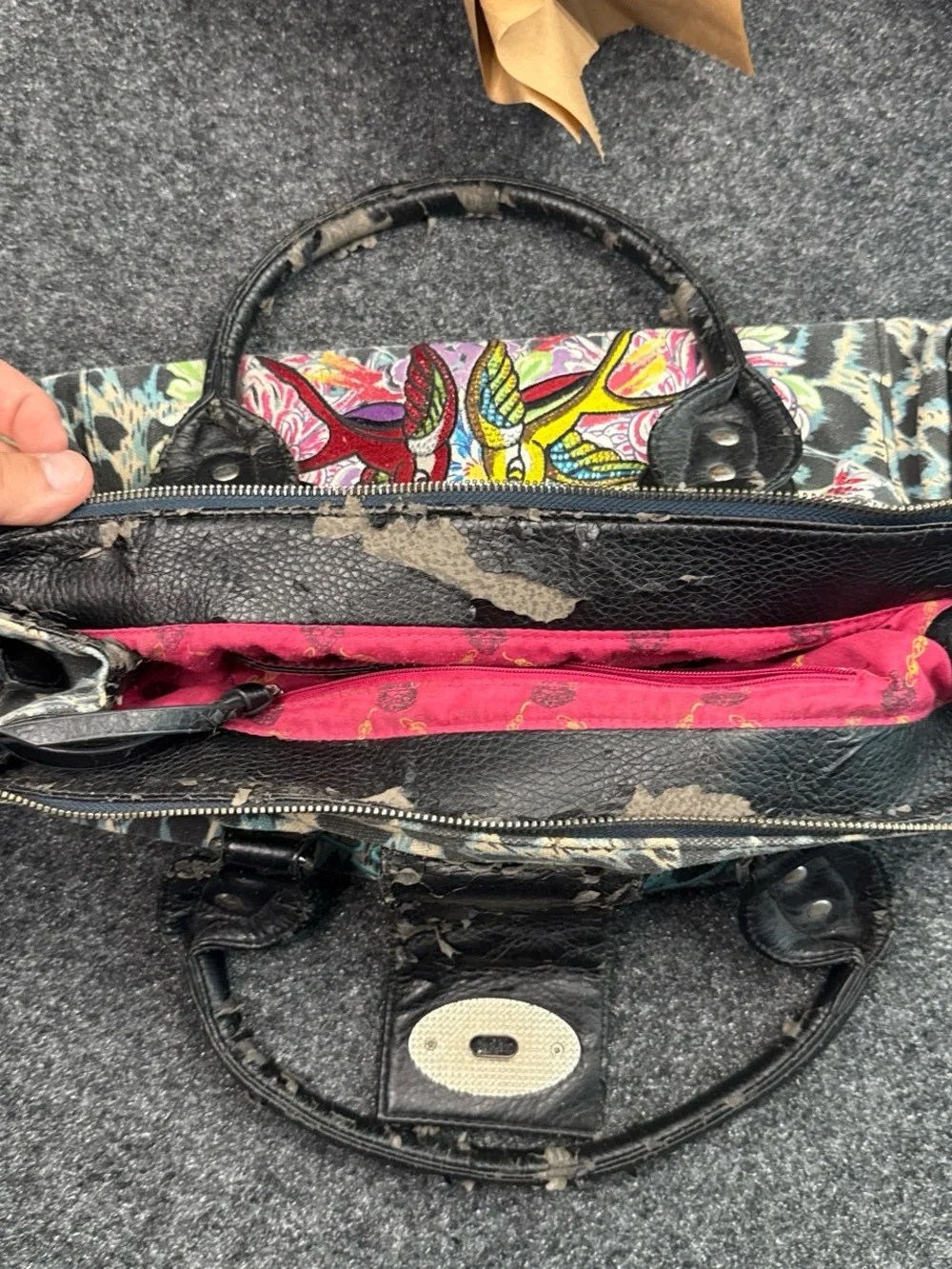 Ed Hardy Y2K Vintage Black Trim Multicolor Embroidered Bird Satchel